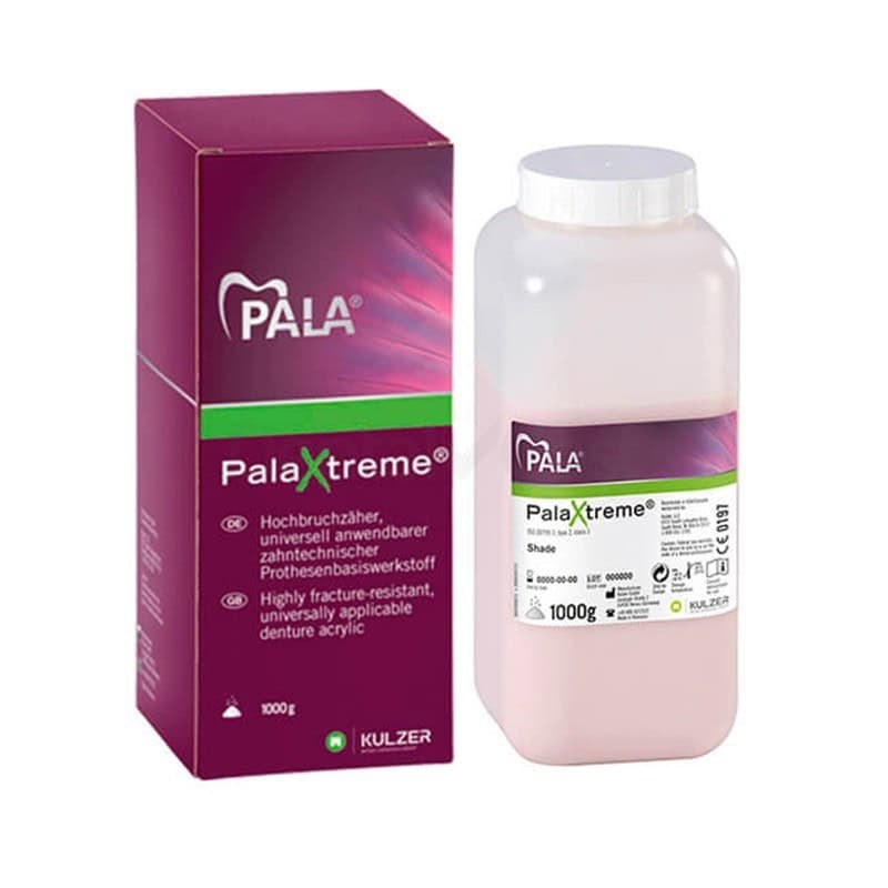PalaXtreme polvo acrílico para prótesis dentales, resistente a fracturas, universal, compacto, indicado para fabricación de prótesis dentales en clínicas odontológicas.