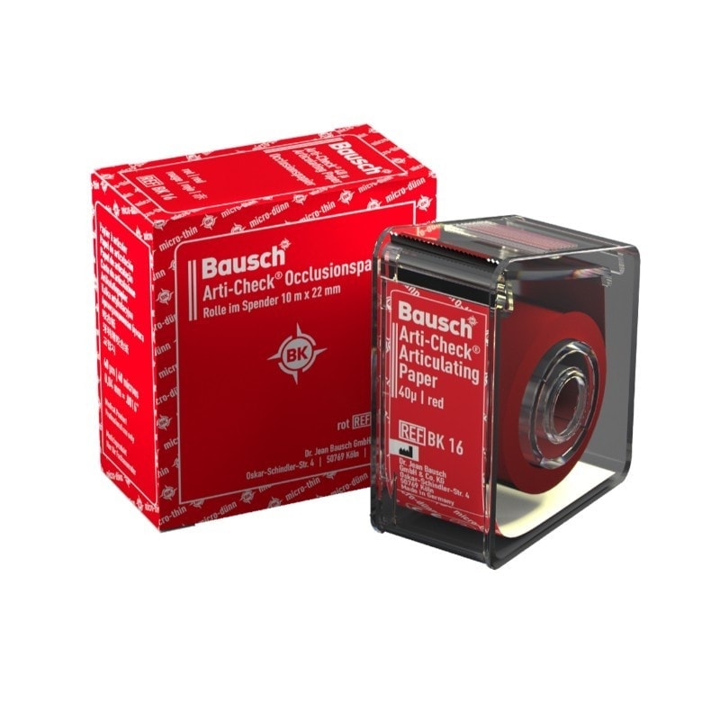 Tinta de articulación Bausch Articulating Paper roja para diagnóstico dental y precisión en procedimientos odontológicos.