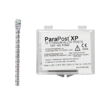 ParaPost XP postes de titanio para restauraciones dentales personalizadas, en caja transparente con instrucciones, ideales para odontólogos que buscan calidad y precisión.