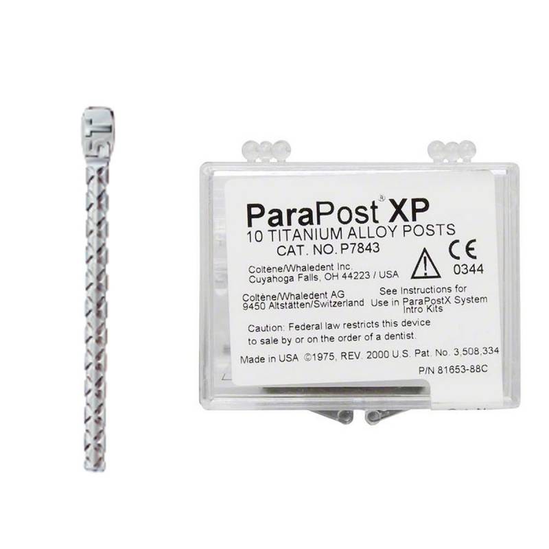 ParaPost XP postes de titanio para restauraciones dentales personalizadas, en caja transparente con instrucciones, ideales para odontólogos que buscan calidad y precisión.