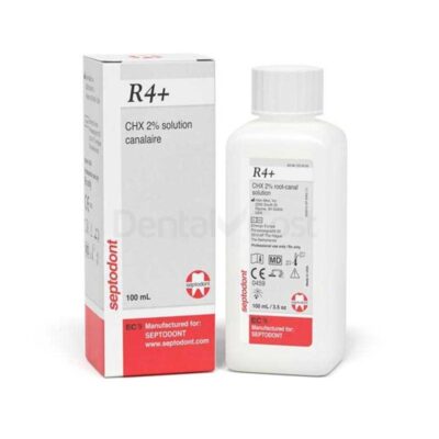 R4+ solución de canal radicular para tratamientos odontológicos, realizada por Septodont, en botella de 100 ml, para pulpitis y endodoncias.