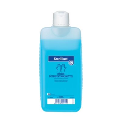 Alcohol en gel desinfectante de manos Sterillium, frasco de 1000 ml para higiene bucal y odontológica en clínicas dentales.