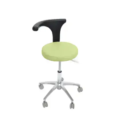 Silla ergonómica para odontología con respaldo en color verde y base con ruedas, ideal para consultas dentales y clínicas dentales modernas.