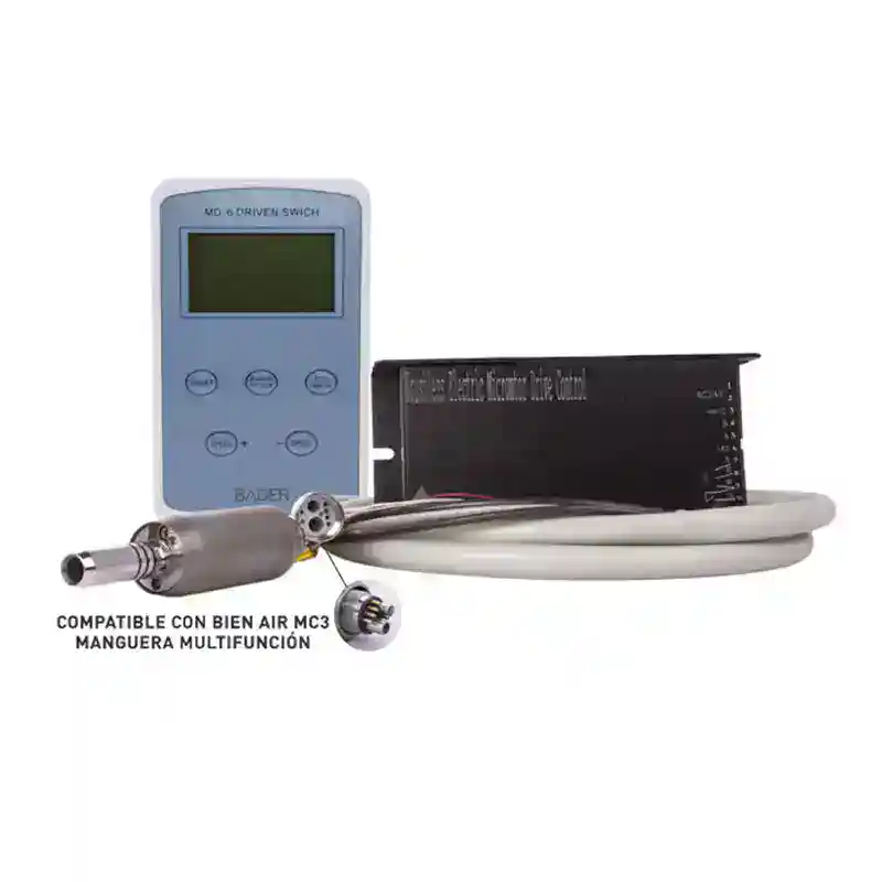 Inhalador de alta precisión compatible con Bien Air MC3 y manguera multifunción para odontología, equipado con control digital y sistema de aspiración para tratamientos dentales efectivos y cómodos.