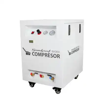 Compresor odontológico personalizado para clínicas dentales, equipado con manómetro, termómetro y conexiones de alta calidad, ideal para usar en tratamientos odontológicos y mantener un ambiente de trabajo higiénico y eficiente.