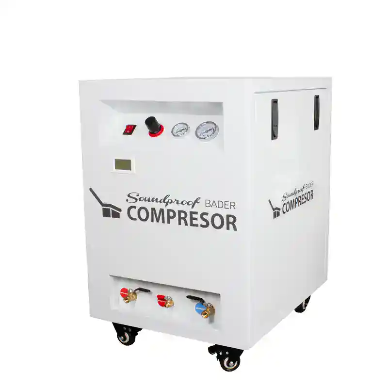 Compresor odontológico personalizado para clínicas dentales, equipado con manómetro, termómetro y conexiones de alta calidad, ideal para usar en tratamientos odontológicos y mantener un ambiente de trabajo higiénico y eficiente.