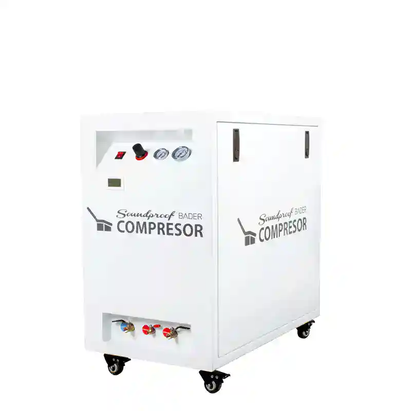 Compresor odontológico personalizado Soundproof Bader para clínicas dentales, con control de presión, silencioso y portátil, ideal para uso profesional en odontología.