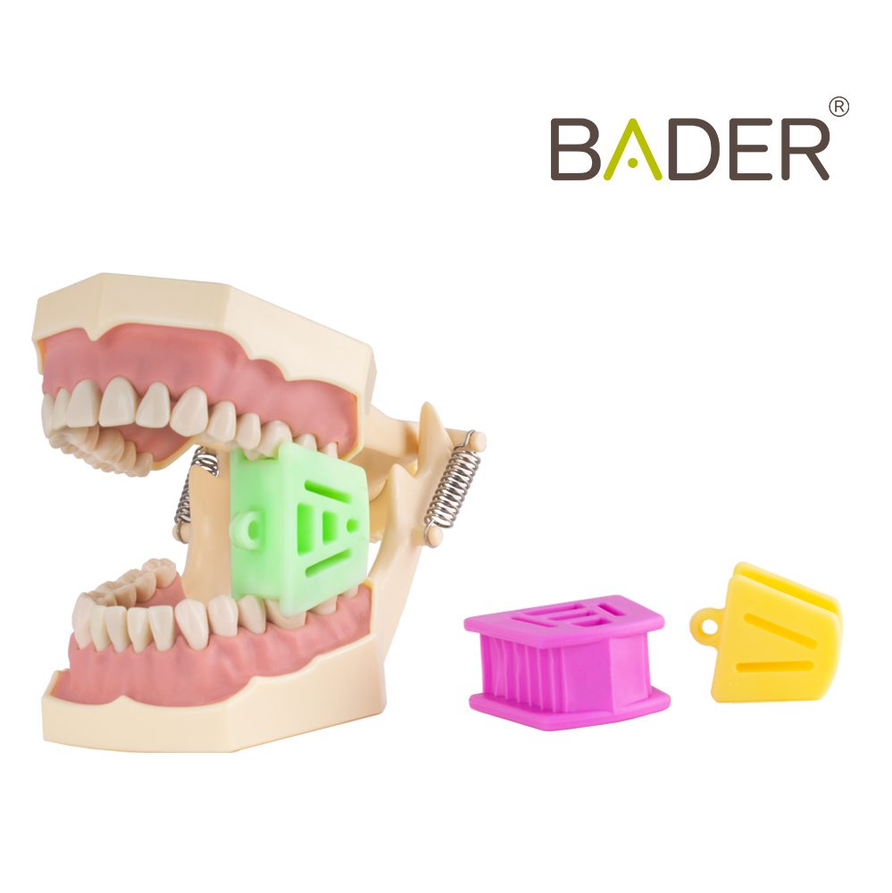 Bader modelos de prótesis dentales personalizadas y accesorios para simulación dental en color rosa y amarillo.