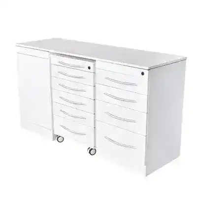 Carro de odontología personalizado para clínica dental, design moderno y funcional, ideal para organización de material odontológico.