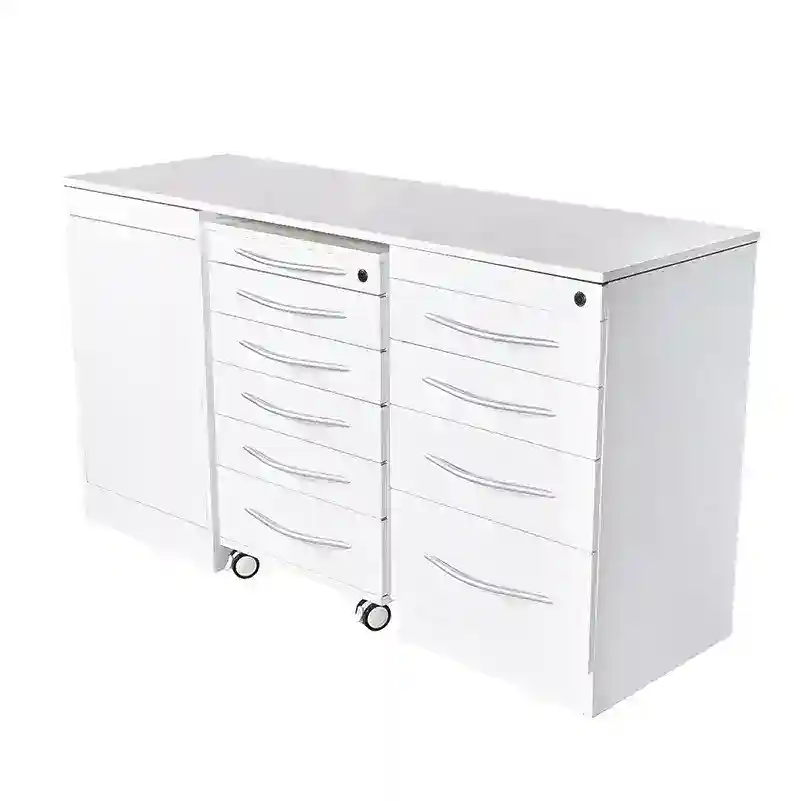 Carro de odontología personalizado para clínica dental, design moderno y funcional, ideal para organización de material odontológico.