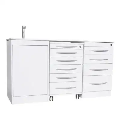 Cajonera odontológica blanca con ruedas y material resistente para clínicas dentales, ideal para almacenamiento y organización de instrumentos médicos.
