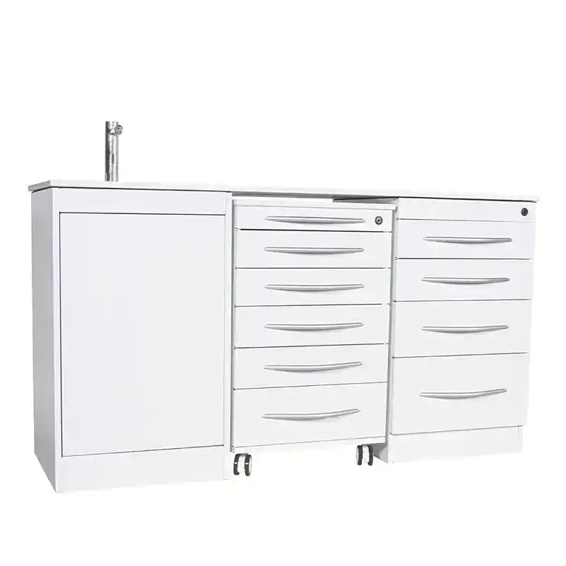 Cajonera odontológica blanca con ruedas y material resistente para clínicas dentales, ideal para almacenamiento y organización de instrumentos médicos.