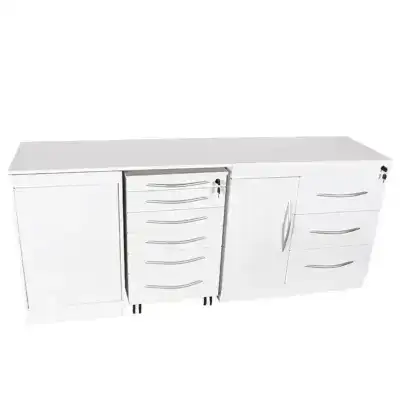 Mueble de almacenamiento odontológico blanco con múltiples cajones y puertas para productos odontológicos personalizados.