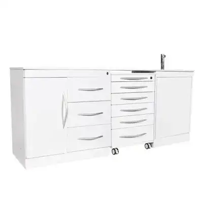 Puerta y cajonera blanca para productos odontológicos personalizados de EXAmedic.