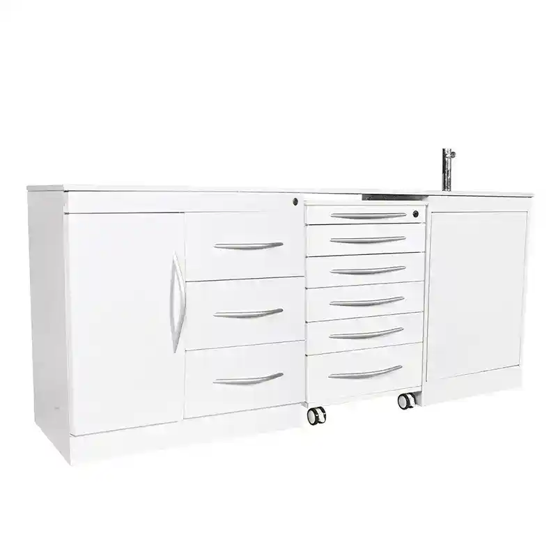 Puerta y cajonera blanca para productos odontológicos personalizados de EXAmedic.