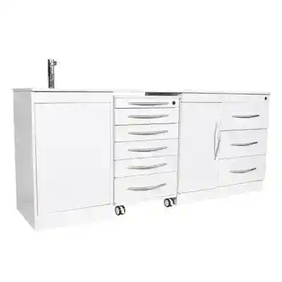 Banco de trabajo odontológico blanco con múltiples cajones para material dental y equipo odontológico personalizado. Diseño funcional y práctico para clínicas y consultorios dentales.