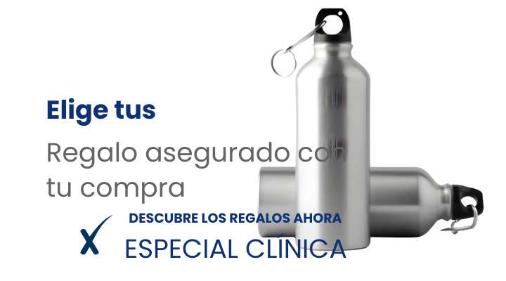 Botella de agua metálica personalizada para productos odontológicos, ideal para campañas promocionales y regalos corporativos en clínicas dentales.