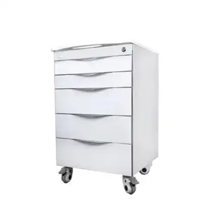 Archivador odontológico blanco con ruedas, ideal para clínicas dentales, con múltiples cajones de almacenamiento, diseño moderno y funcional para equipos odontológicos personalizados.
