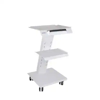 Carro auxiliar odontológico con bandeja ajustable y ruedas para mayor movilidad.