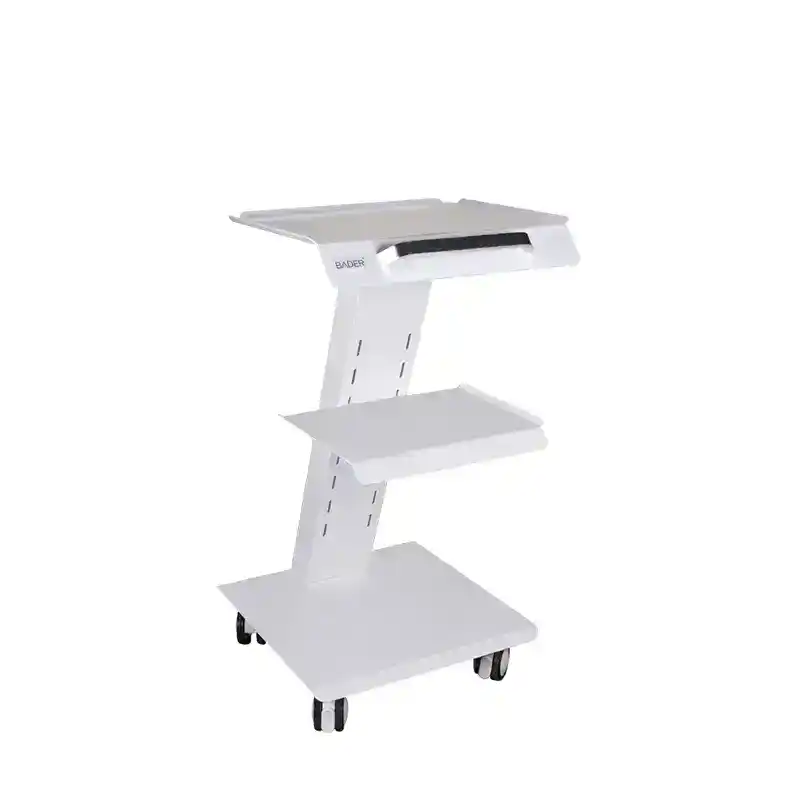 Carro auxiliar odontológico con bandeja ajustable y ruedas para mayor movilidad.