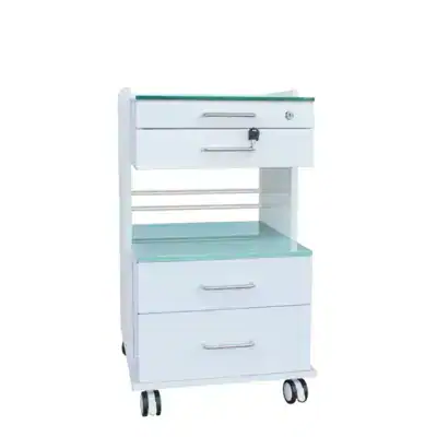 Carro de transporte odontológico personalizado con cajones y estanterías de vidrio, ideal para clínicas dentales y consultorios.