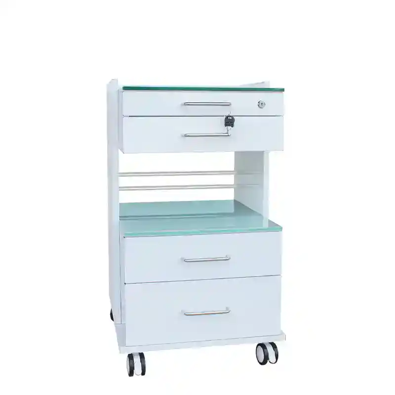 Carro de transporte odontológico personalizado con cajones y estanterías de vidrio, ideal para clínicas dentales y consultorios.