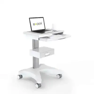Carro auxiliar para odontología con bandeja ajustable y ruedas.