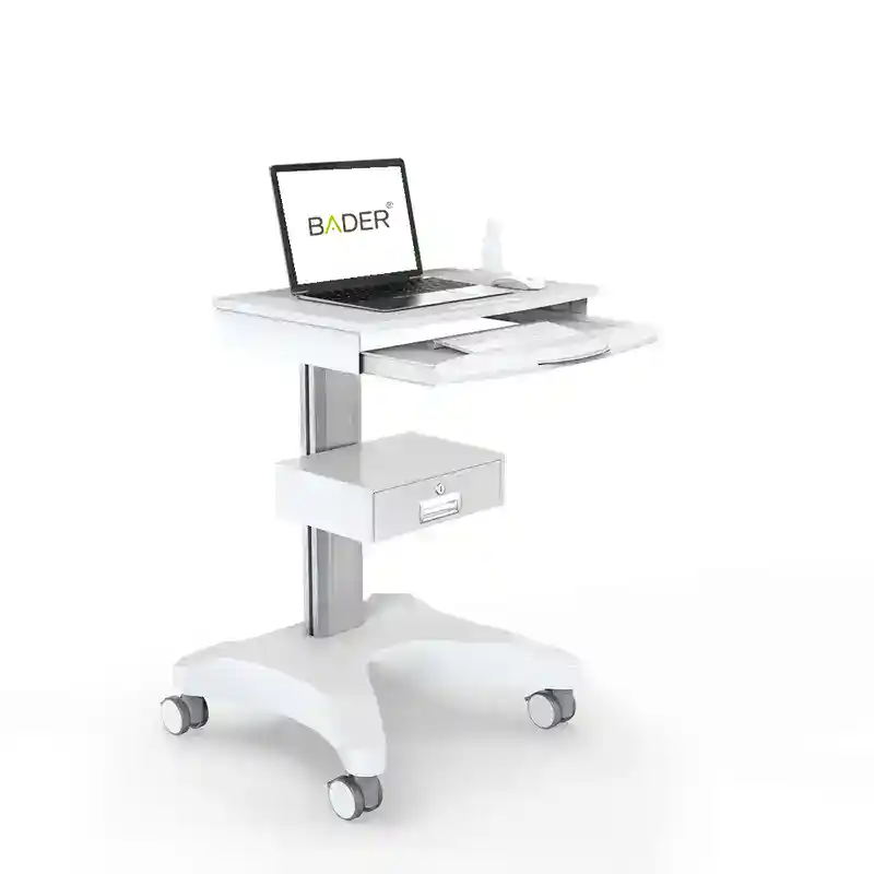 Carro auxiliar para odontología con bandeja ajustable y ruedas.