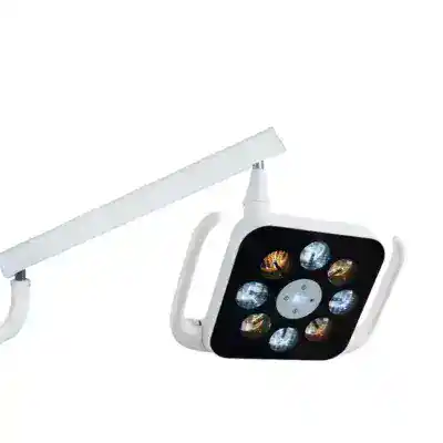 Lámpara LED para odontología con soporte ajustable y múltiples tipos de luz, ideal para procedimientos dentales precisos y personalizados.