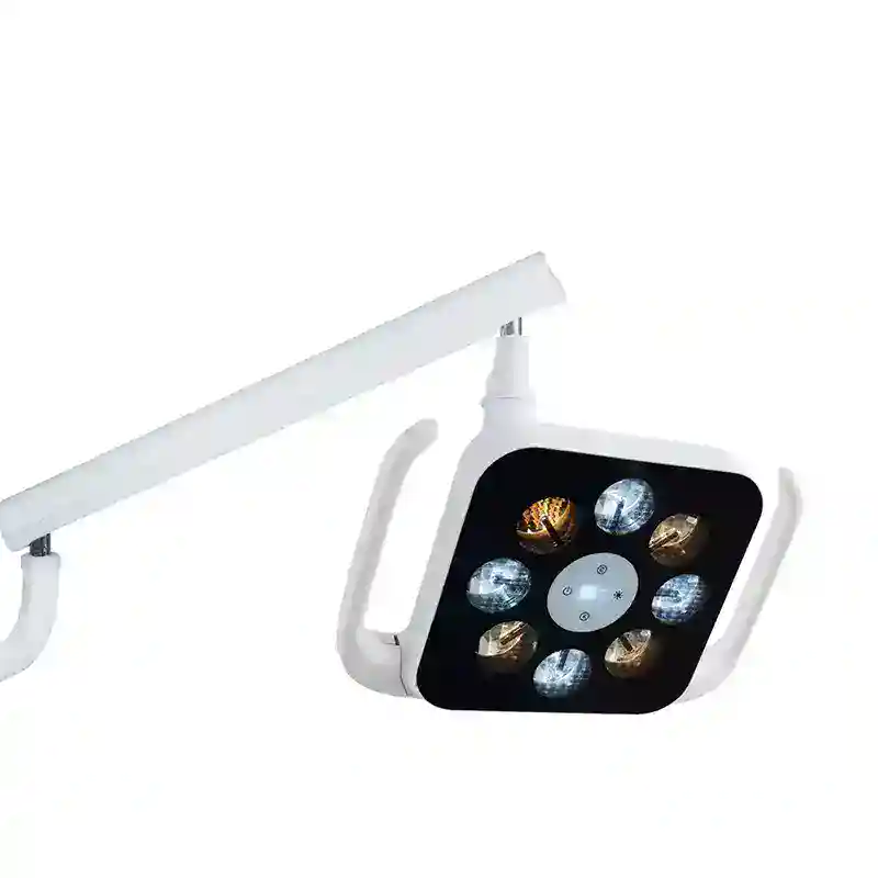 Lámpara LED para odontología con soporte ajustable y múltiples tipos de luz, ideal para procedimientos dentales precisos y personalizados.