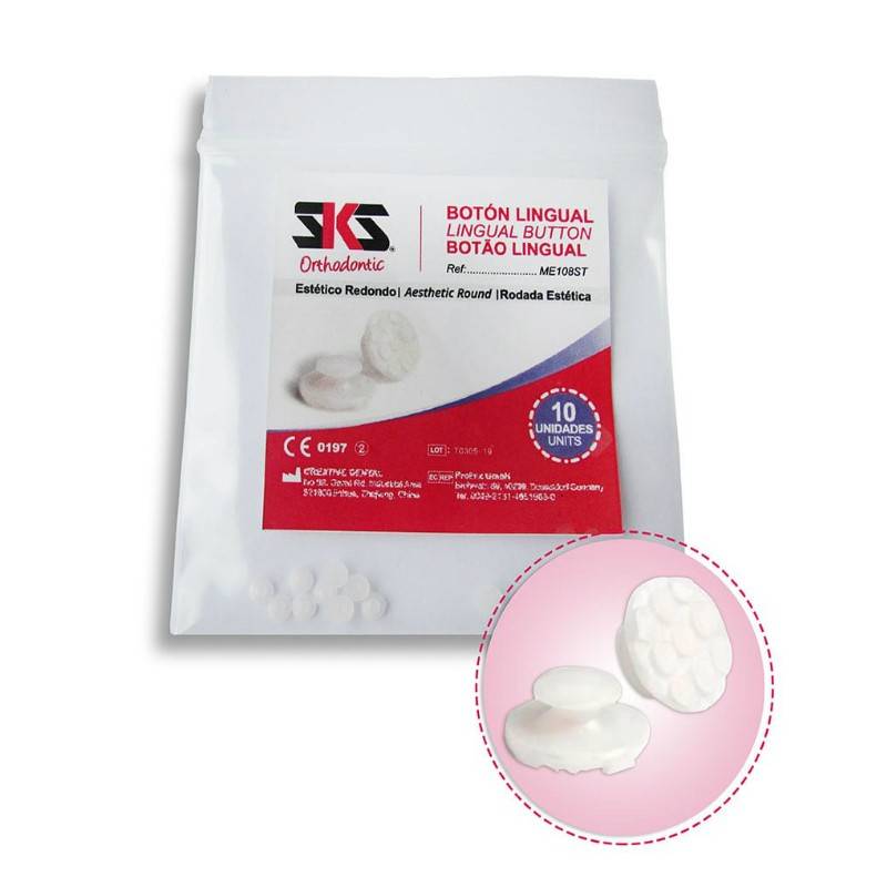 Botón lingual ortodóncico en paquete de 10 unidades, diseñado para mejorar la estética y comodidad en tratamientos dentales, personalizado y de alta calidad para odontólogos.