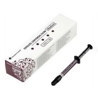 ESTELITE UNIVERSAL FLOW Medium, material odontológico para restauraciones dentales, en jeringa de fácil aplicación, ideal para procedimientos estéticos y de reparación dental.