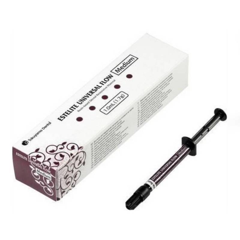 ESTELITE UNIVERSAL FLOW Medium, material odontológico para restauraciones dentales, en jeringa de fácil aplicación, ideal para procedimientos estéticos y de reparación dental.