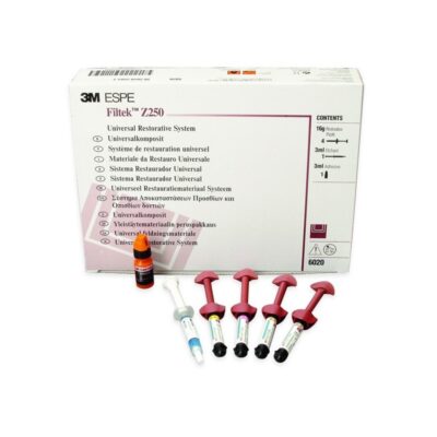 Resina para restauración dental universal en paquete con varias jeringas y componentes.