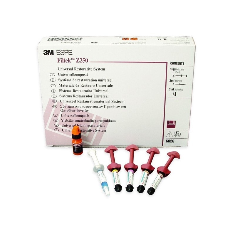 Resina para restauración dental universal en paquete con varias jeringas y componentes.