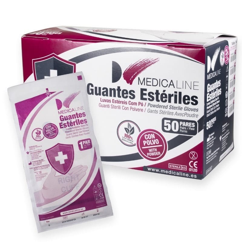 Guantes estériles dentales con polvo, paquete de 50 unidades, ideales para procedimientos odontológicos seguros y personalizados | Producto de Medicaline.