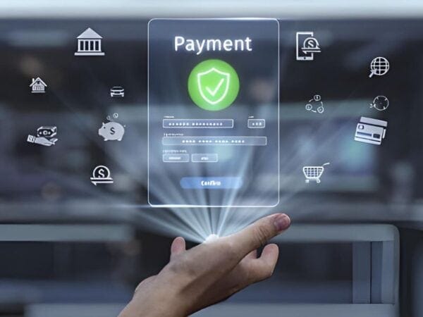 Tarjeta de pago digital con iconos financieros y de comercio electrónico, tecnología de pago segura, interfaz moderna, concepto de pagos electrónicos, transacciones en línea.