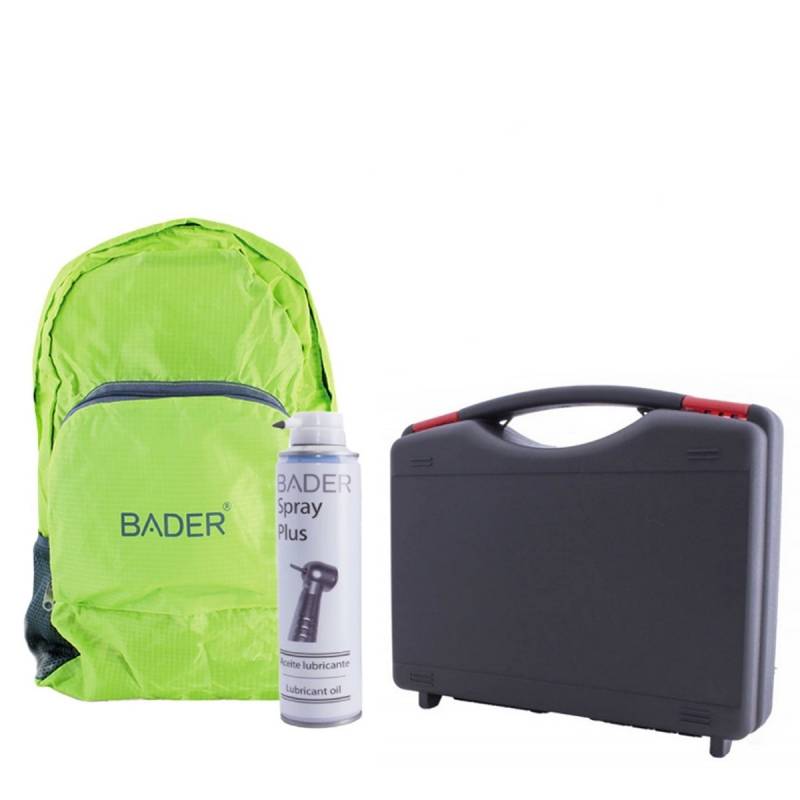 Batería de odontología portátil, mochila y spray lubricante para productos odontológicos personalizados. Equipamiento compacto y funcional para uso profesional en clínicas dentales.