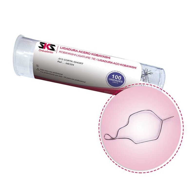Ligadura de acero Kobayashi para ortodoncia, ideal para tareas odontológicas profesionales, en un envase con 100 unidades de alta calidad.