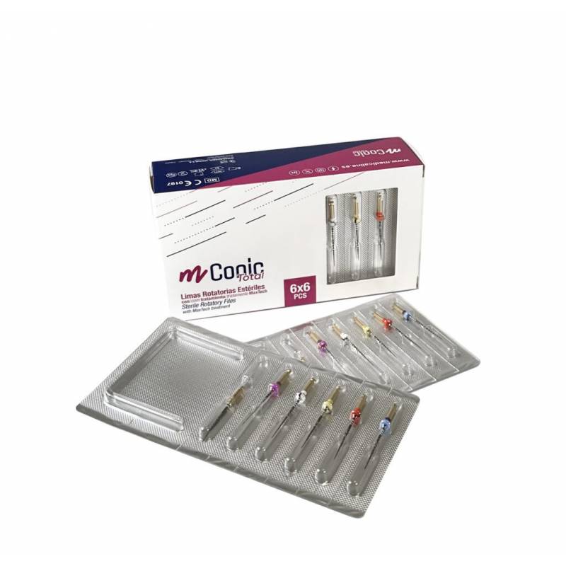 Rotadores estériles para uso odontológico, tipo m Coatic total con 6x6 piezas, ideales para procedimientos dentales precisos y seguros, en caja moderna y esterilizada.