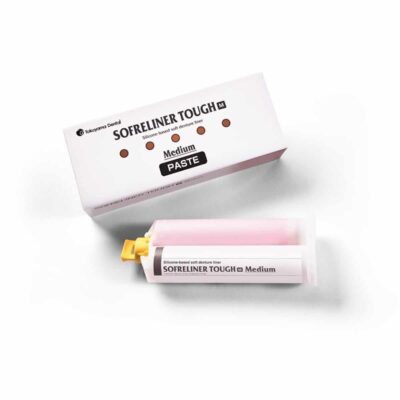 Silincone para férulas dentales personalizadas Softliner Tough M de alta calidad en envase rosa y caja blanca.