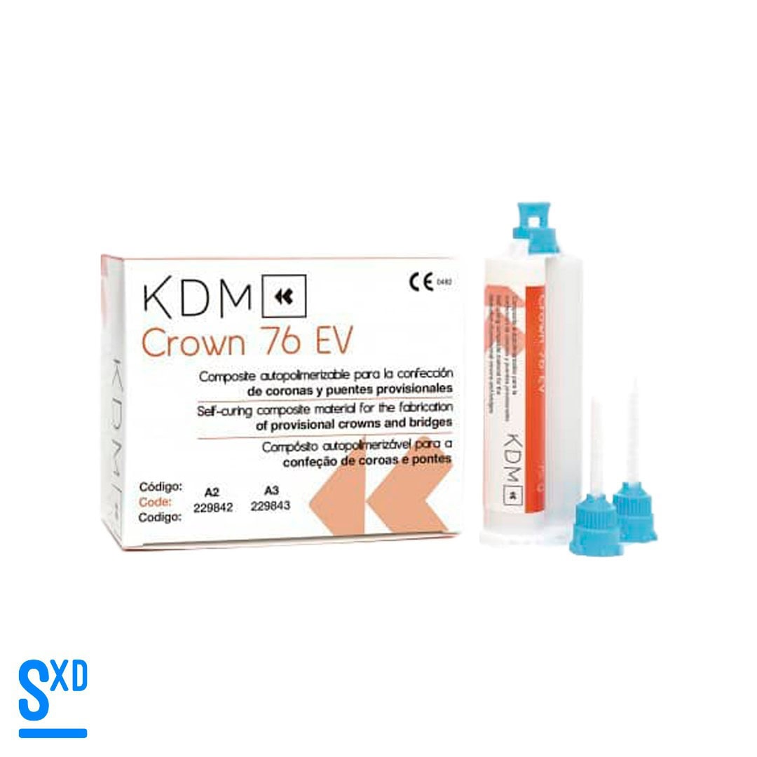 KDM Crown 76 EV, compuesto autopolimerizable para coronas y puentes provisionales, ideal para odontología personalizada y fabricación de prótesis dentales de alta calidad.