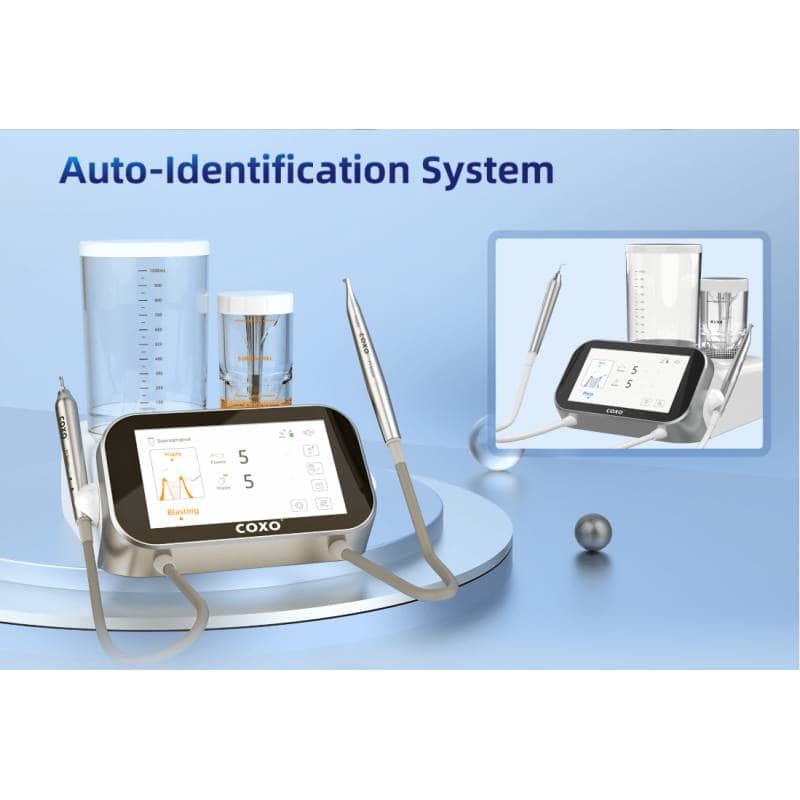 Diseño de sistema de autoidentificación para productos odontológicos personalizados con tecnología avanzada, incluyendo pantalla táctil y dispositivos conectados para odontología moderna.