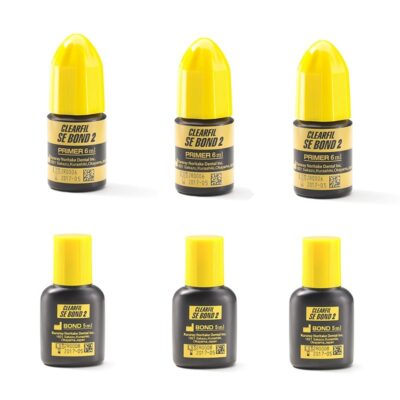 CLEARFIL SE BOND 2 primer y bond para odontología, ideal para adhesión y restauraciones dentales personalizadas, con envases de 6 ml y 5 ml, productos de alta calidad para tratamientos dentales.