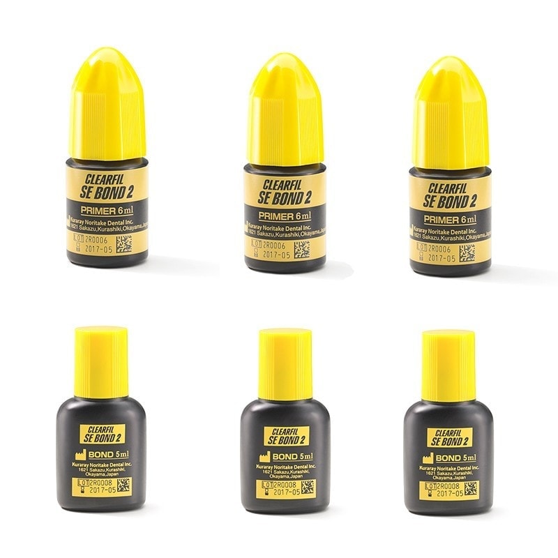 CLEARFIL SE BOND 2 primer y bond para odontología, ideal para adhesión y restauraciones dentales personalizadas, con envases de 6 ml y 5 ml, productos de alta calidad para tratamientos dentales.