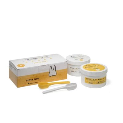 Putty Soft para impresiones dentales personalizadas en odontología, con envase y cucharas dosificadoras. Alta precisión y comodidad para profesionales dentales.