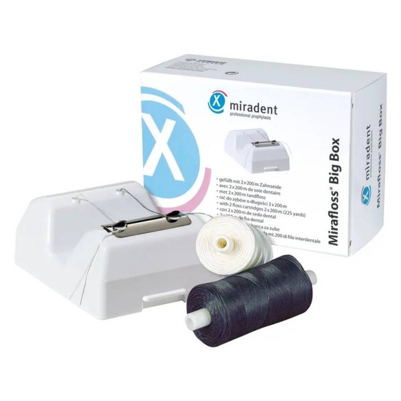 Titulada: Productos odontológicos personalizados EXAmedic Miradent con hilo dental y máquina de alta precisión.