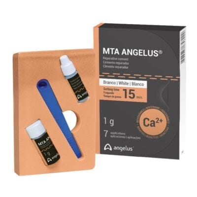Polvo de cemento reparador para odontología MTA Angelus, con 7 aplicaciones, tiempo de fraguado de 15 minutos, ideal para cementación y reparaciones dentales.
