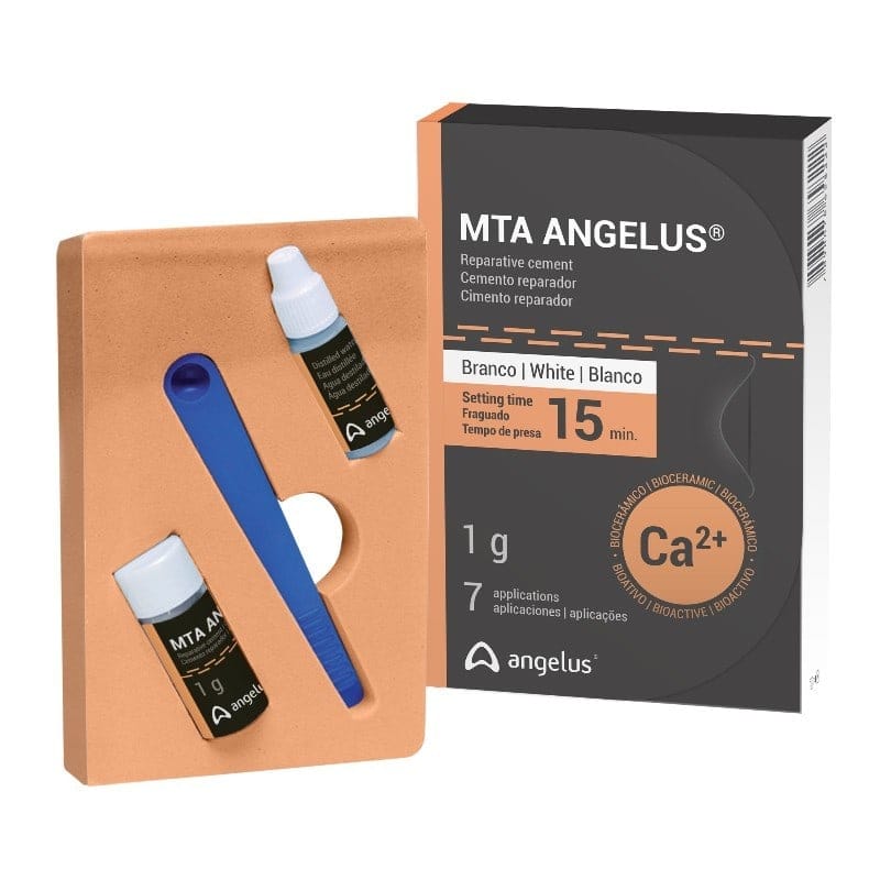 Polvo de cemento reparador para odontología MTA Angelus, con 7 aplicaciones, tiempo de fraguado de 15 minutos, ideal para cementación y reparaciones dentales.
