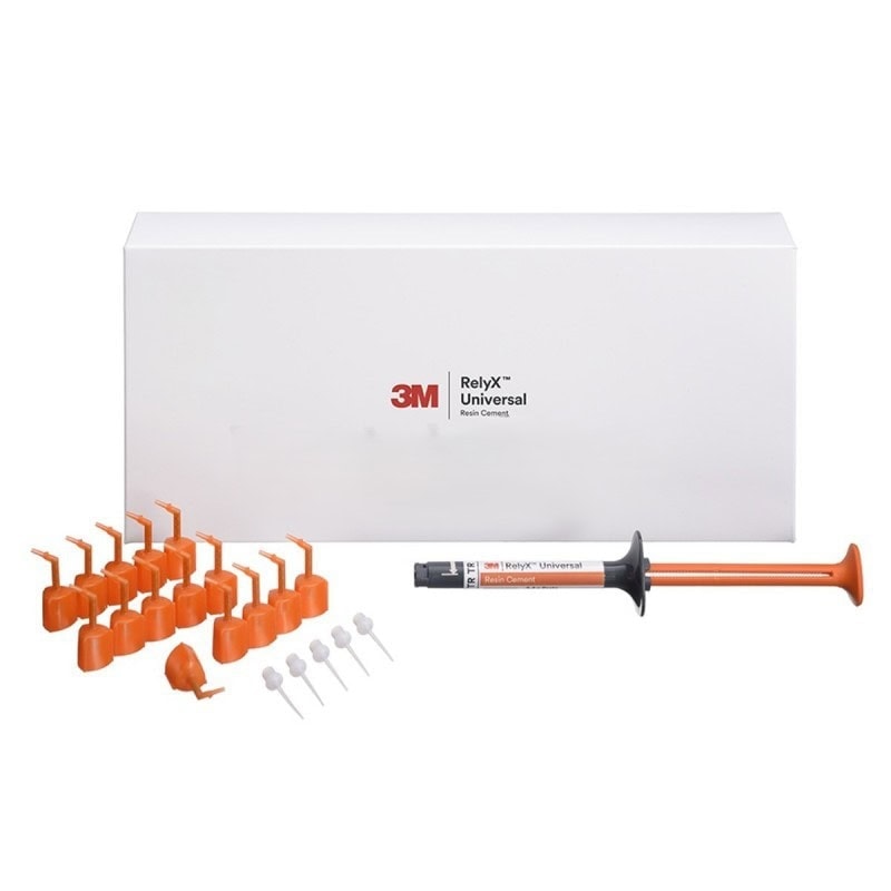 3M RelyX Universal adhesivo para cementación dental, con accesorios y jeringa para uso odontológico, ideal para restauraciones con alta fiabilidad.